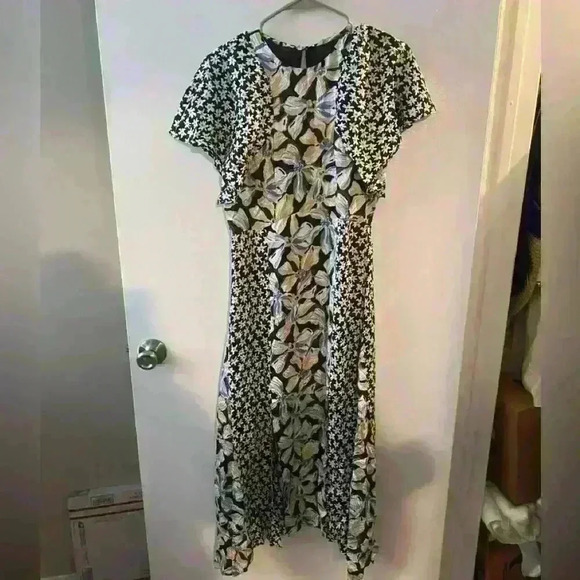 Rebecca Taylor Bow Fleur Print Mix Midi Dress in Black Combo size 2 Nwt - Picture 2 of 7